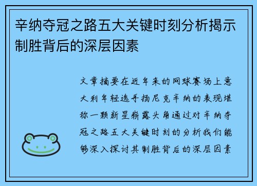 辛纳夺冠之路五大关键时刻分析揭示制胜背后的深层因素